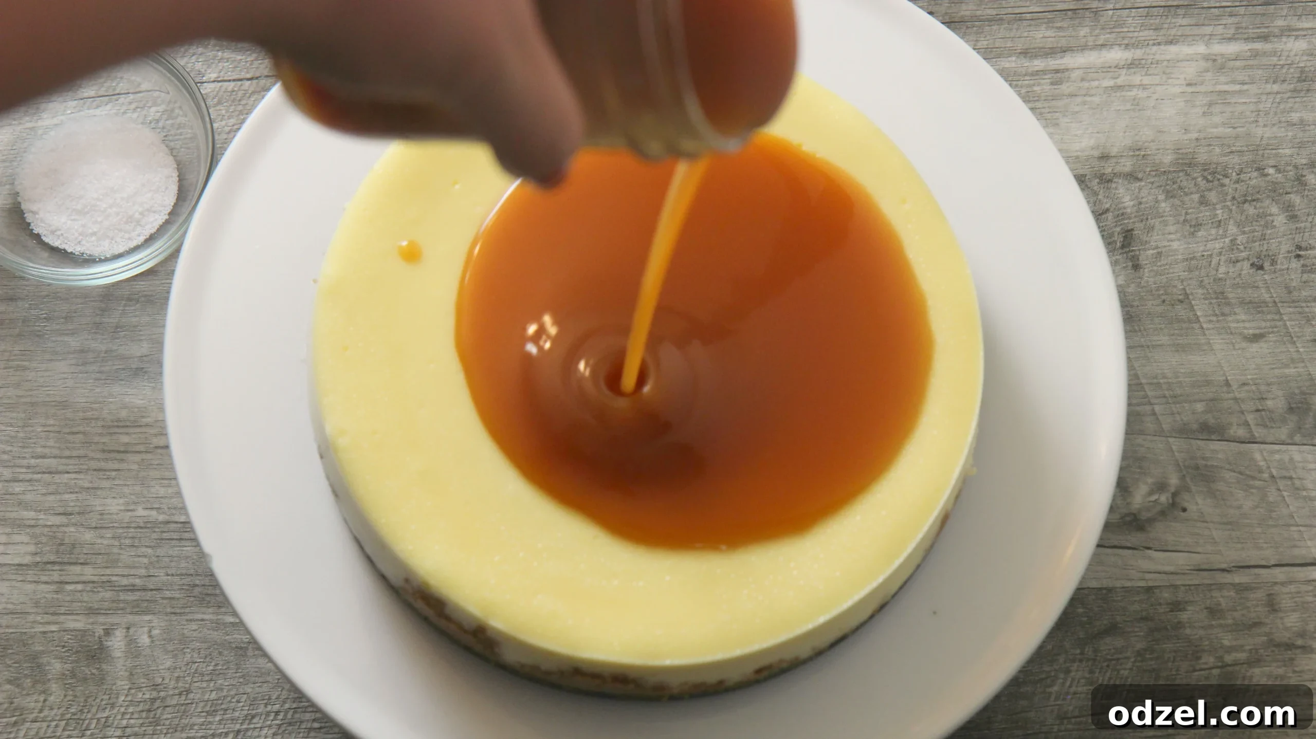 Decadent Sea Salt Caramel Cheesecake 5 Plain cheesecake with caramel drizzle, showcasing the tempting topping.