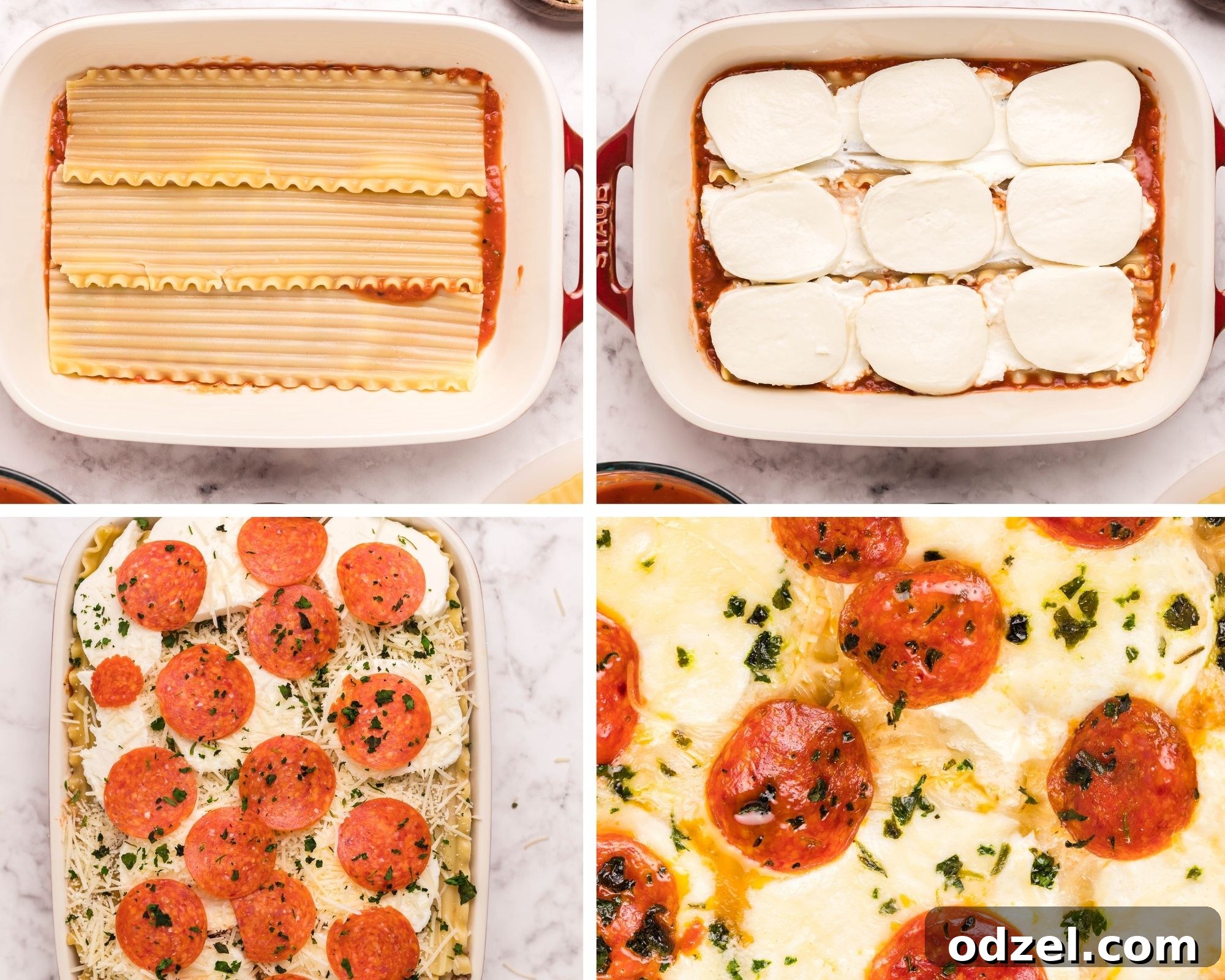 collage with four photos showing the pizza lasagna cooking process. One photo showing 3 cooked lasagna noodles in a casserole, one photo showing cheese on top of the noodles, one picture showing cheese and pepperoni on top, and finally baked pizza lasagna.