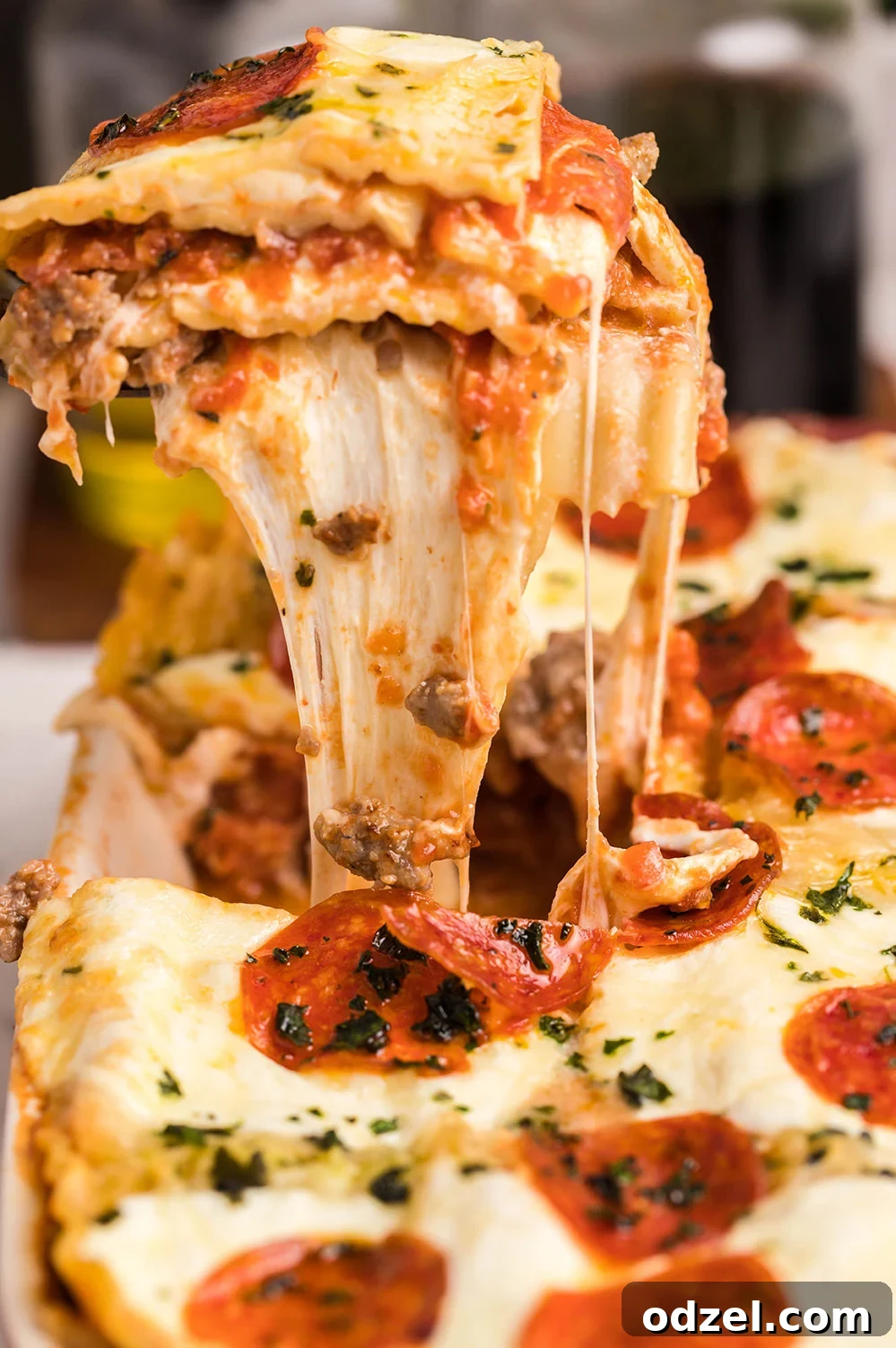 a slice of lasagna up close.