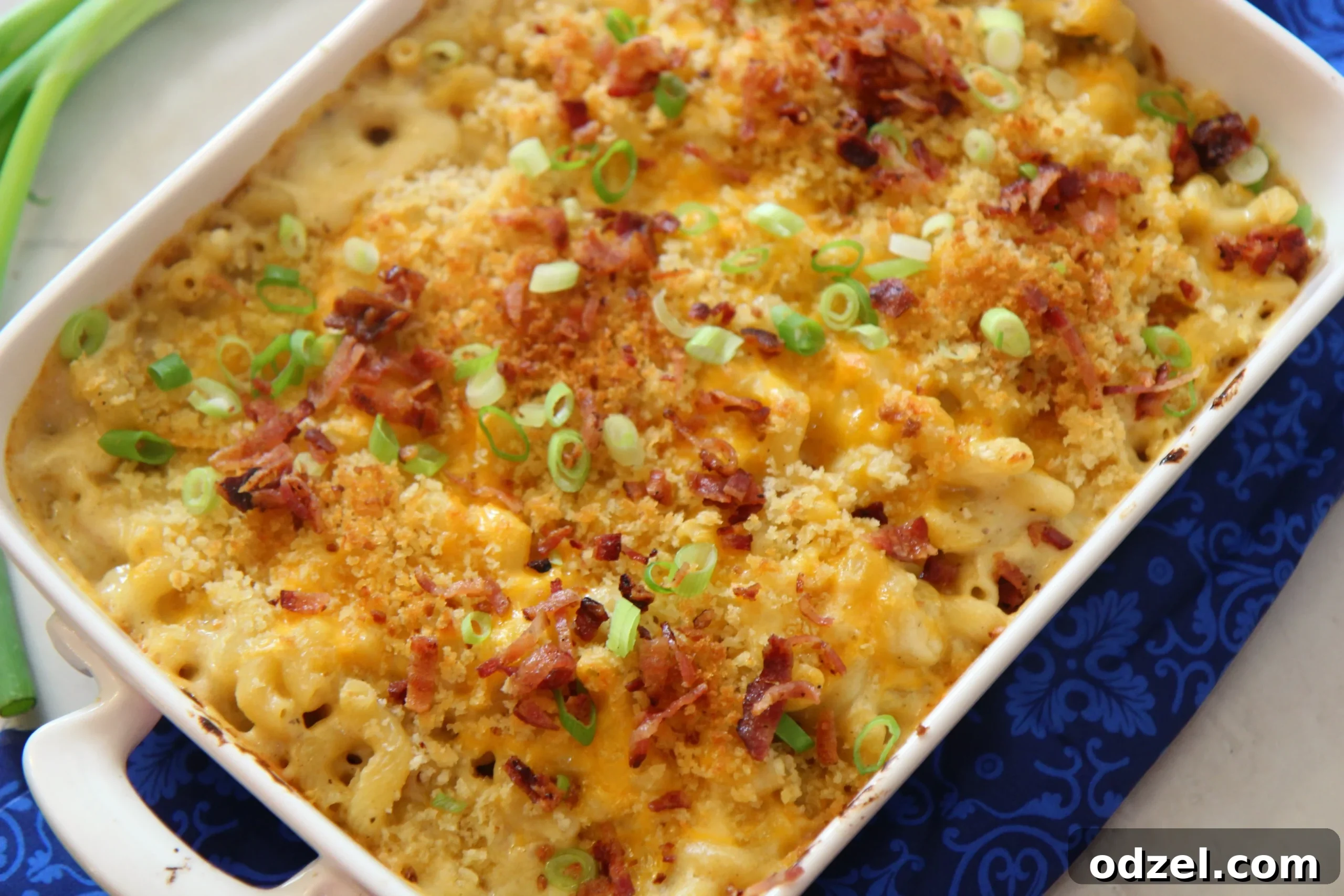 Epic Mac and Cheese 5 Add a fresh crunch and vibrant color with green onions (scallions) as a topping for loaded mac and cheese.
