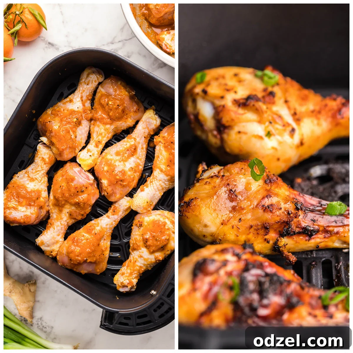 Juicy Crispy Air Fryer Drumsticks 3 A photo collage showing raw chicken legs marinating in a bowl, next to a picture of golden-brown, cooked chicken legs inside an air fryer basket.
