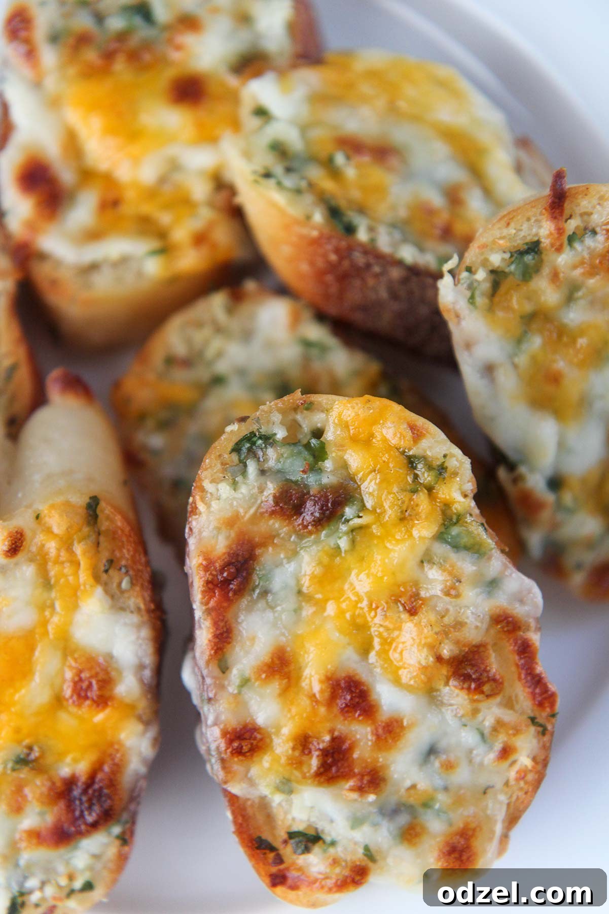 baked cheesy garlic bread served on a pristine white plate, sliced and ready to be enjoyed.