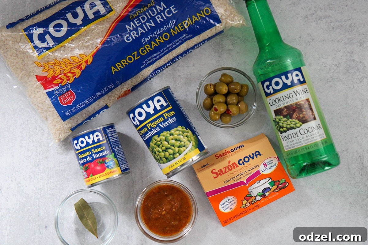 Arroz con Gandules Flavorful Rice and Pigeon Peas 3 8 packaged ingredients including rice, olives, sazon, tomato sauce, sofrito, cooking wine, and a bay leaf.