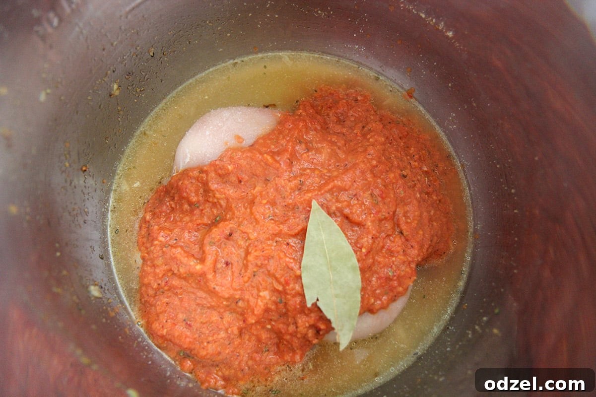 Smoky Instant Pot Chicken Tinga 3 chicken stock, raw chicken breasts, tomato and chipotle sauce, and a bay leaf in the instant pot.
