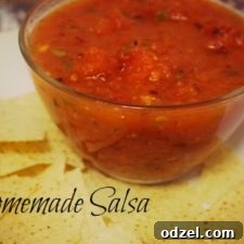 Close-up of freshly blended homemade roasted salsa in a white serving bowl, topped with cilantro