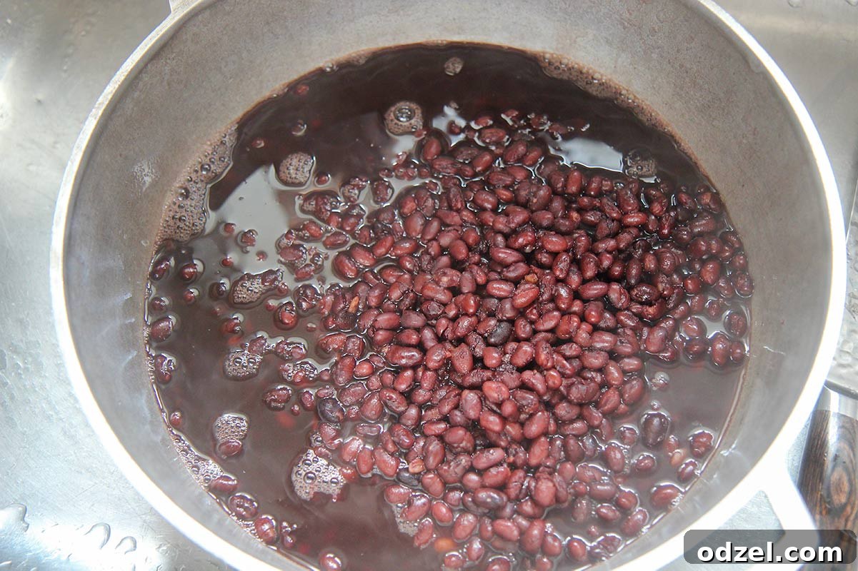 Cooked black beans and their flavorful broth simmering in a large pot on the stovetop, showcasing the rich dark liquid ready for the rice.