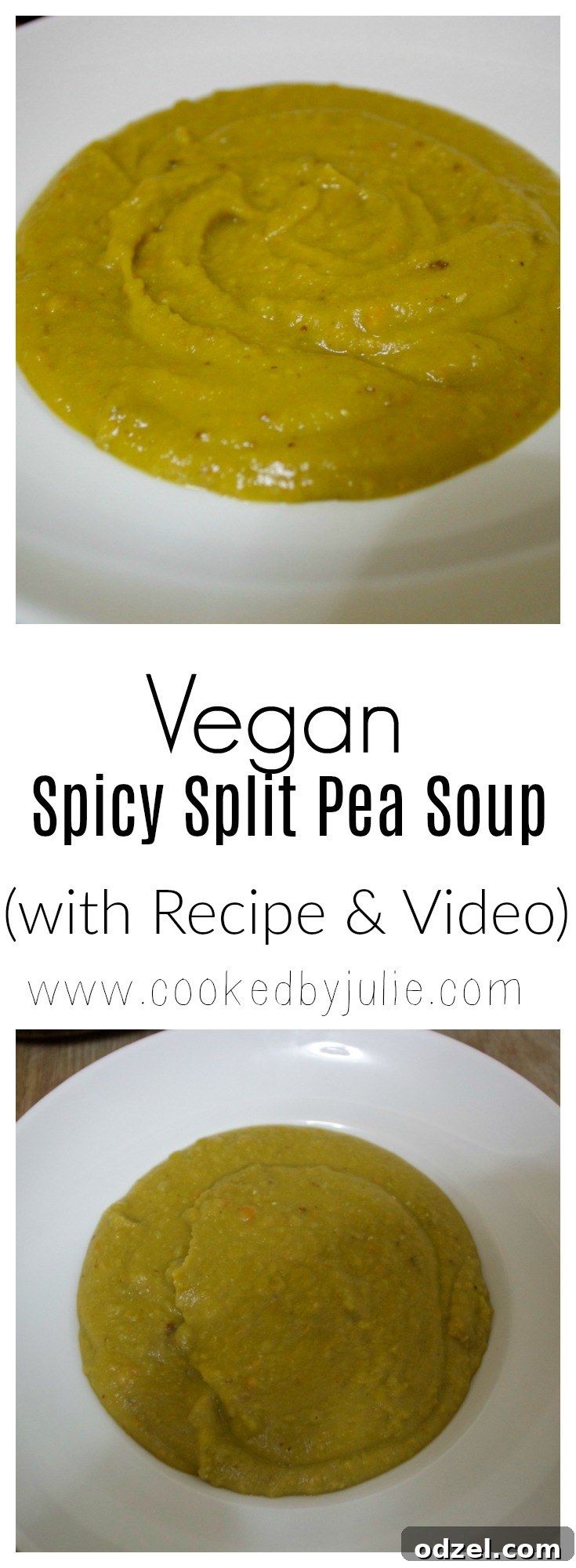 Close-up of the delicious Vegan Spicy Split Pea Soup recipe by Cooked By Julie, showing its creamy texture and vibrant color