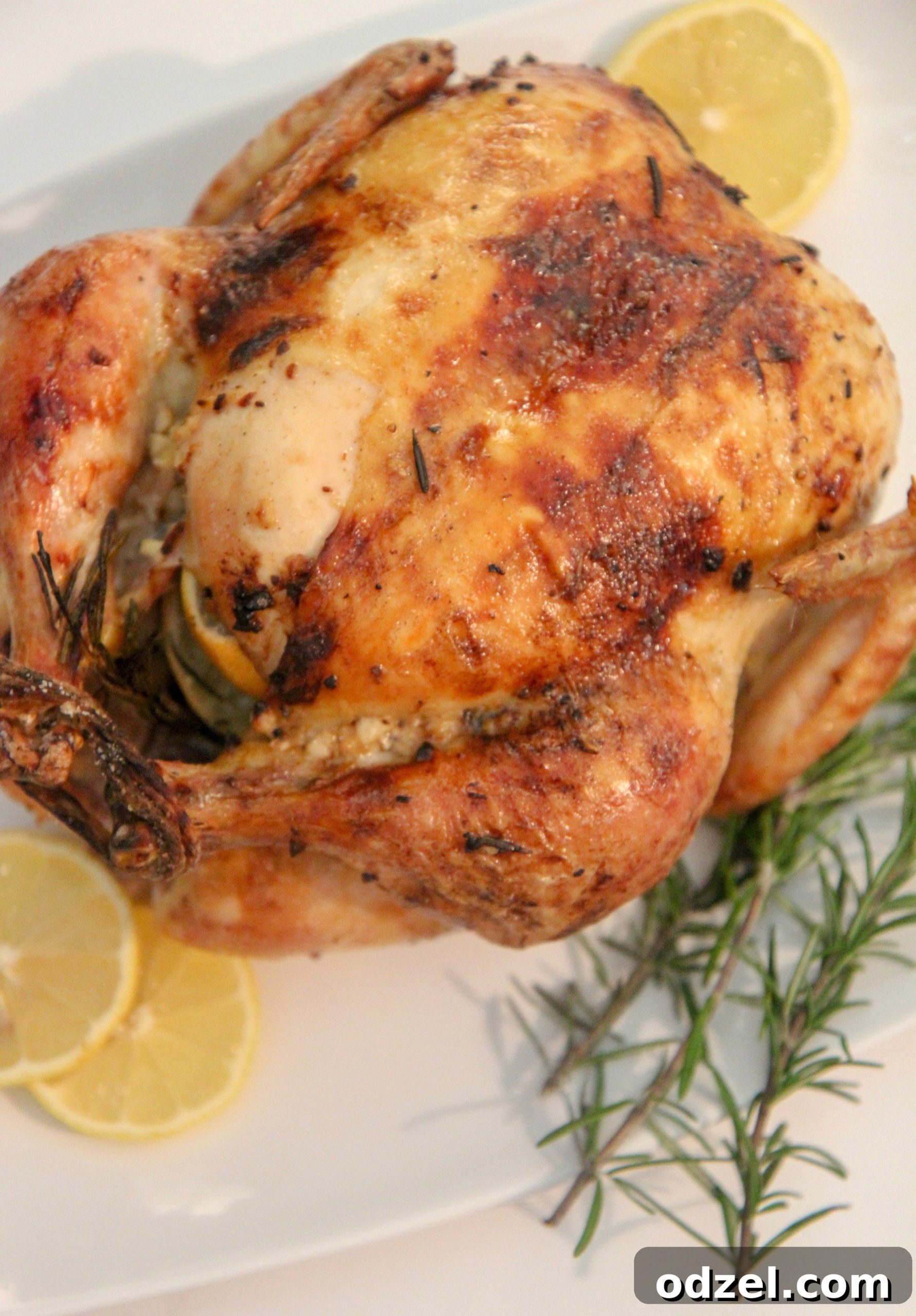 Beautifully roasted lemon garlic chicken on a white platter, garnished with fresh rosemary sprigs and lemon slices.