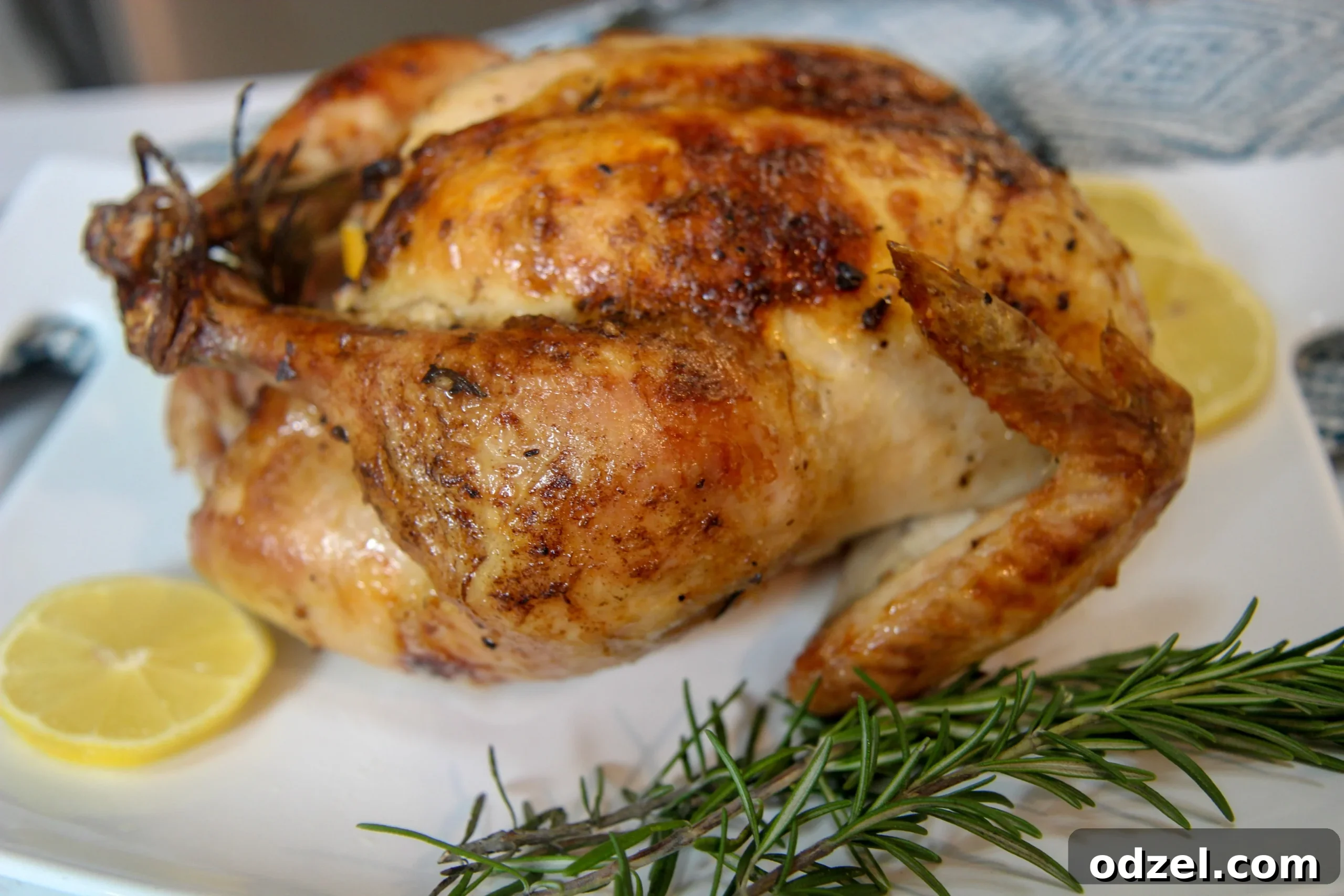 A perfectly cooked whole chicken, golden brown and resting on a white platter, ready to be carved.