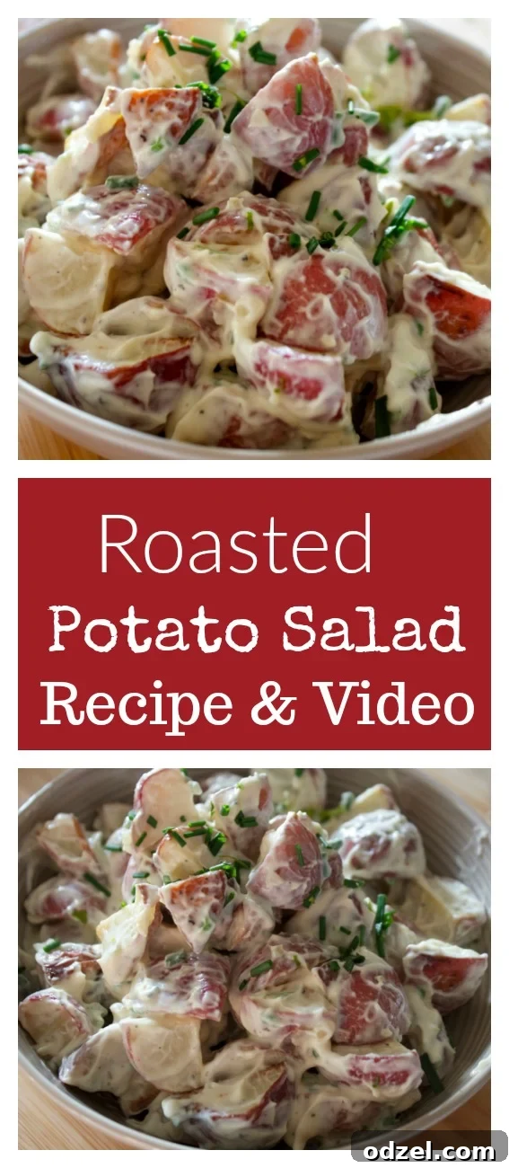 Golden Roasted Potato Salad 4 Overview shot of roasted potato salad with garlic mayo, chives, and bacon bits in a large bowl