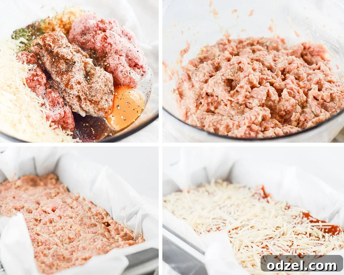 A four-photo collage showcasing the Meatloaf Parmesan making process: a bowl of raw meatloaf ingredients, a bowl with the mixed meat and seasonings, a loaf pan lined with parchment paper containing the shaped meatloaf, and the meatloaf topped with shredded mozzarella cheese, ready for its final bake.