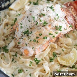 Lobster Fettuccine Alfredo in a skillet.