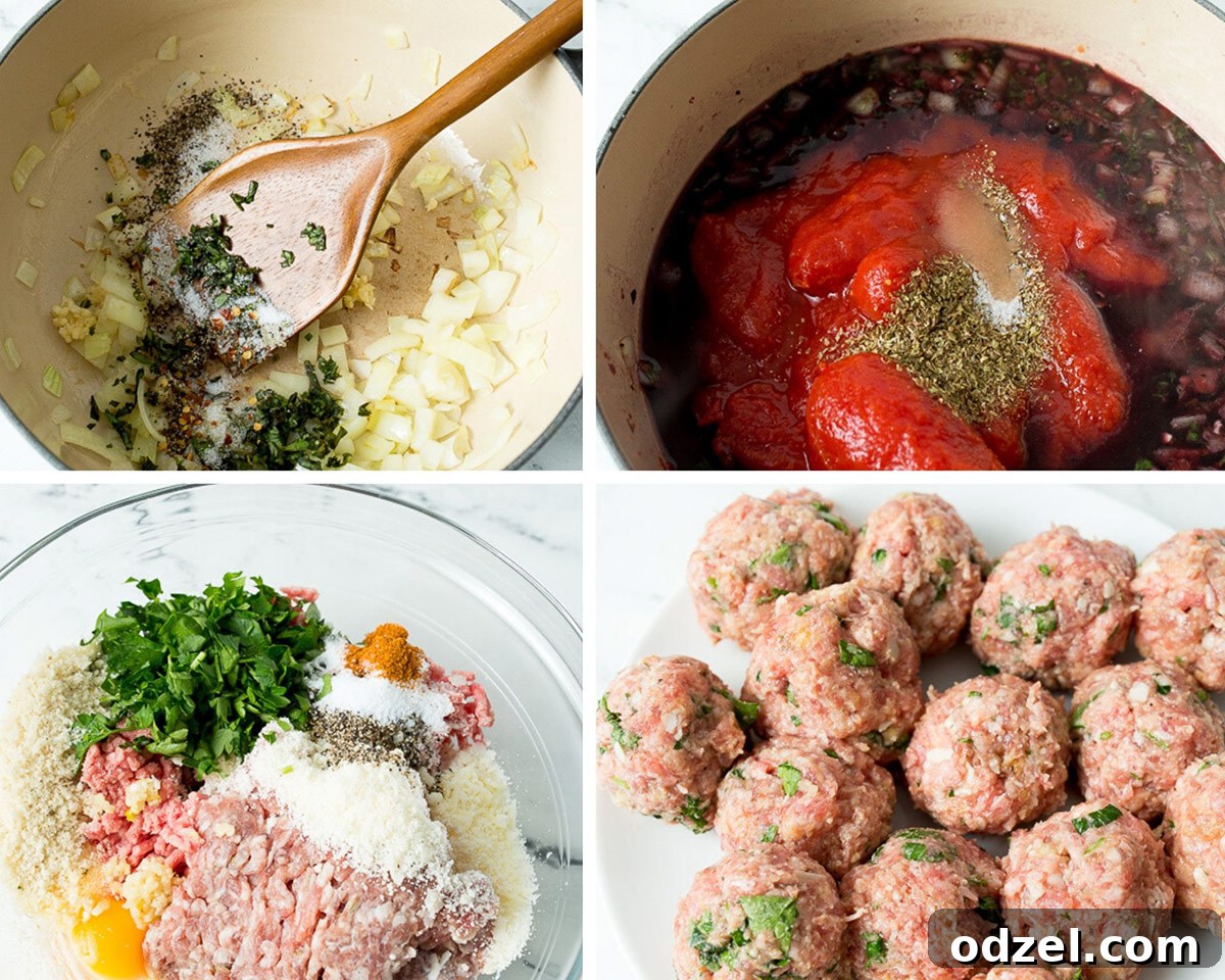A four-photo collage showing different stages of spaghetti and meatballs preparation: a Dutch oven with herbs and onions, tomatoes and red wine, the raw meatball mixture, and perfectly rolled raw meatballs.