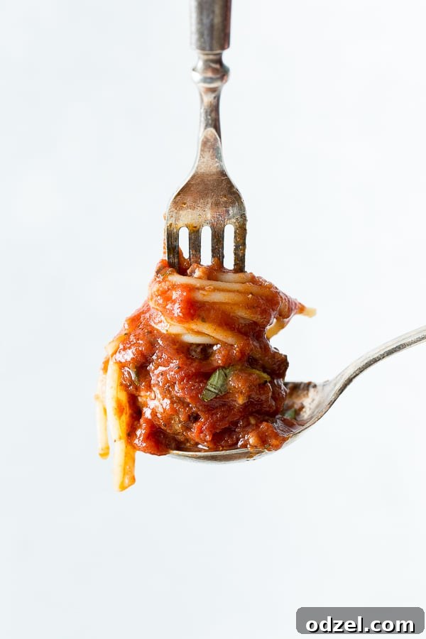 A close-up shot of a spoon holding a small portion of spaghetti and a meatball, with a fork gently resting on top, inviting a bite.