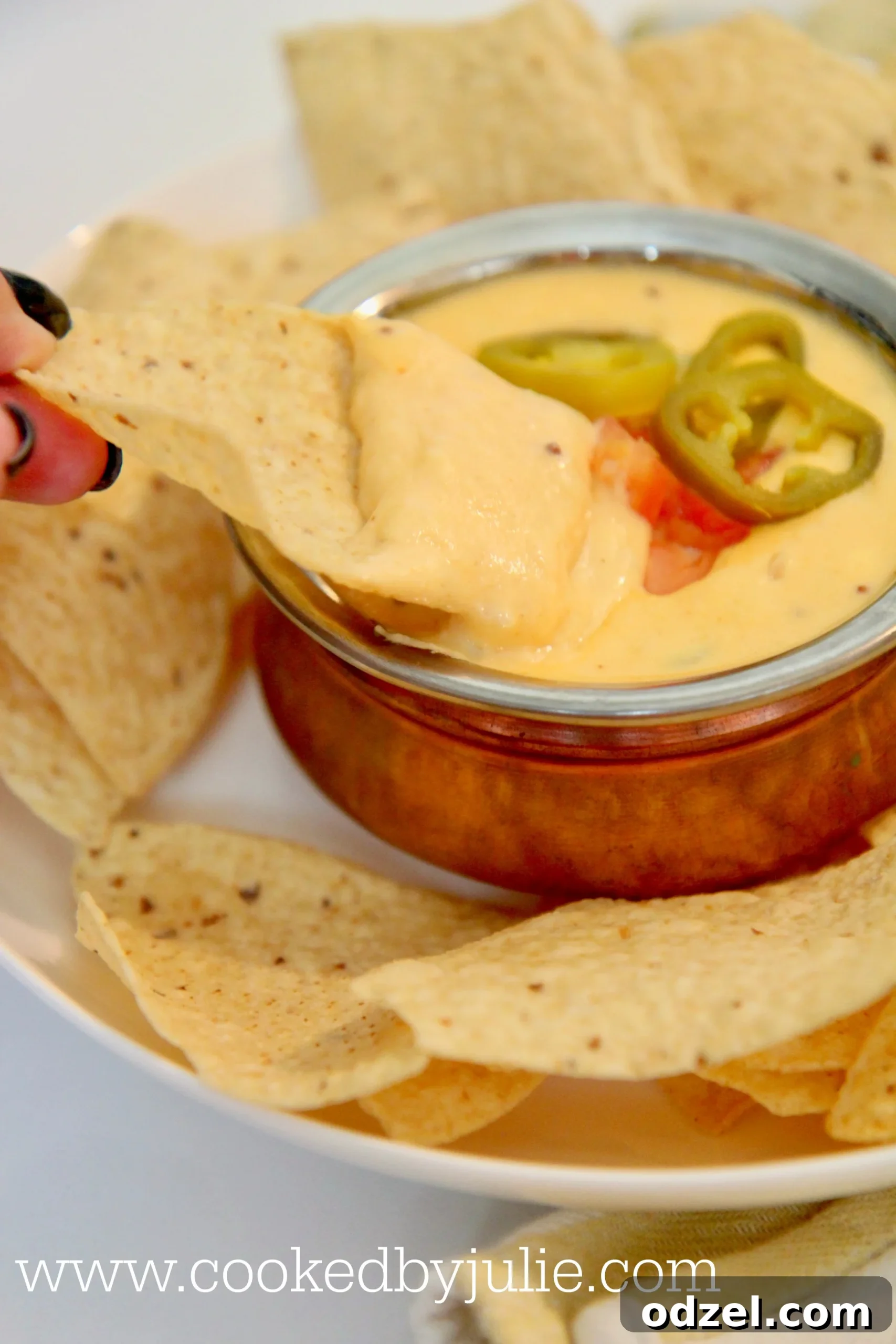 Crispy tortilla chip generously dipped into rich queso made with real cheddar cheese and cream cheese.