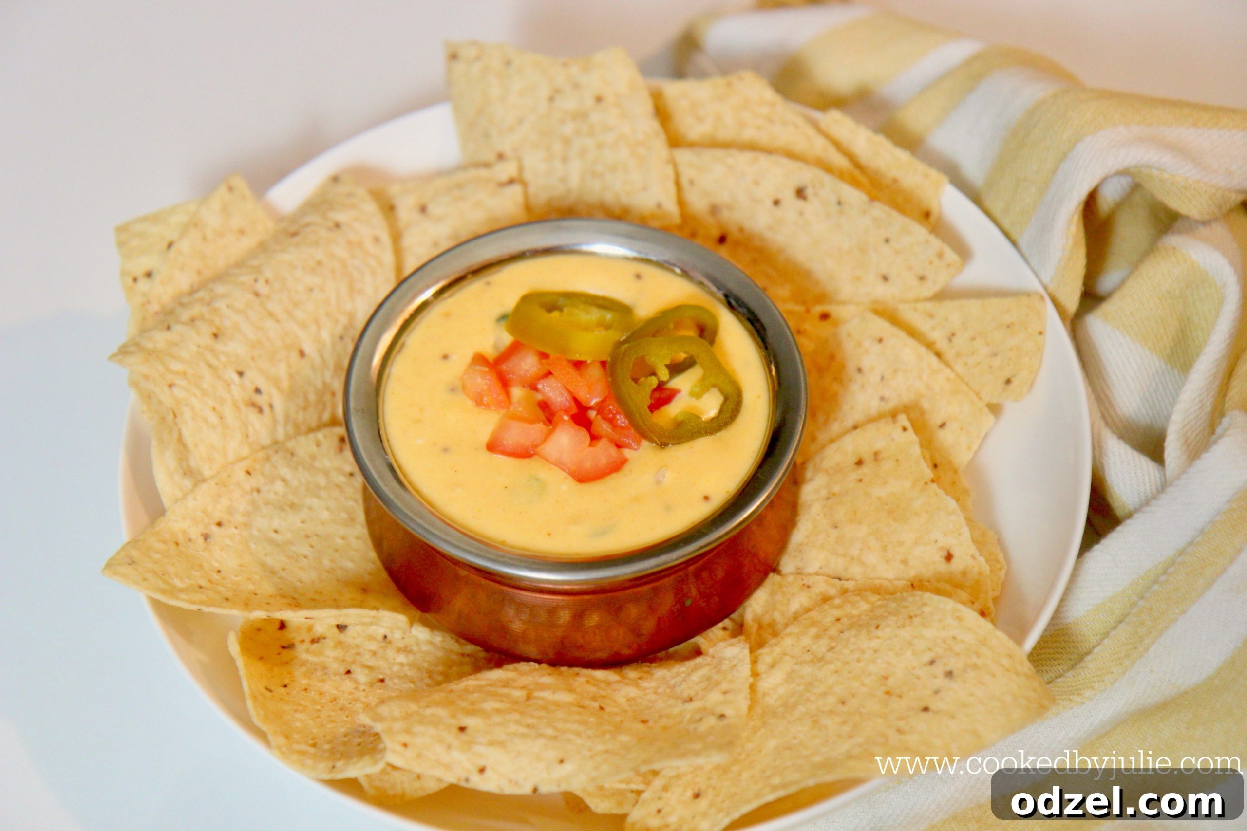 A bowl of creamy queso dip served with a generous pile of crispy tortilla chips, ideal for a game day treat.