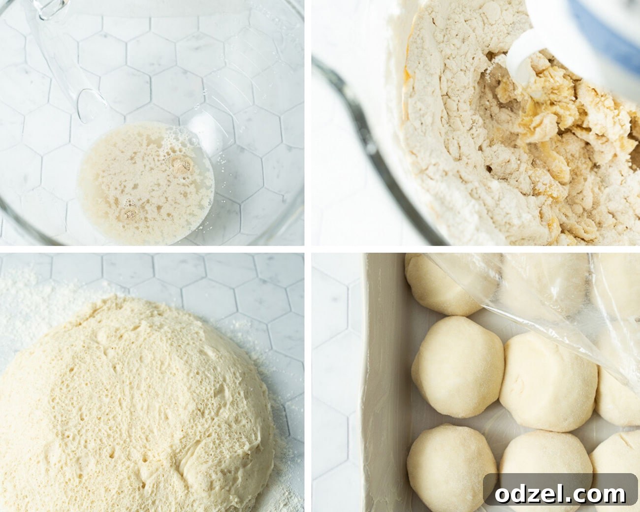 Pillowy Homemade Dinner Rolls 3 a collage with four photos. a bowl with water and yeast, a mixing bowl with flour and butter, a ball of dough rising, and dinner rolls in a baking sheet with plastic wrap.