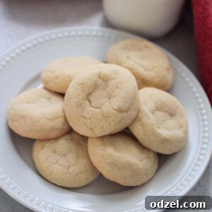 Timeless Sugar Cookie Bliss 2 sugar cookies on a white plate with a red towel and milk in the background.