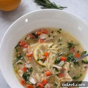 A bowl of lemon chicken orzo soup.