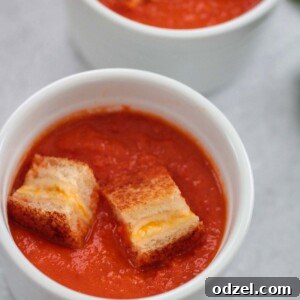 Two small bowls of creamy tomato soup with grilled cheese croutons on top.