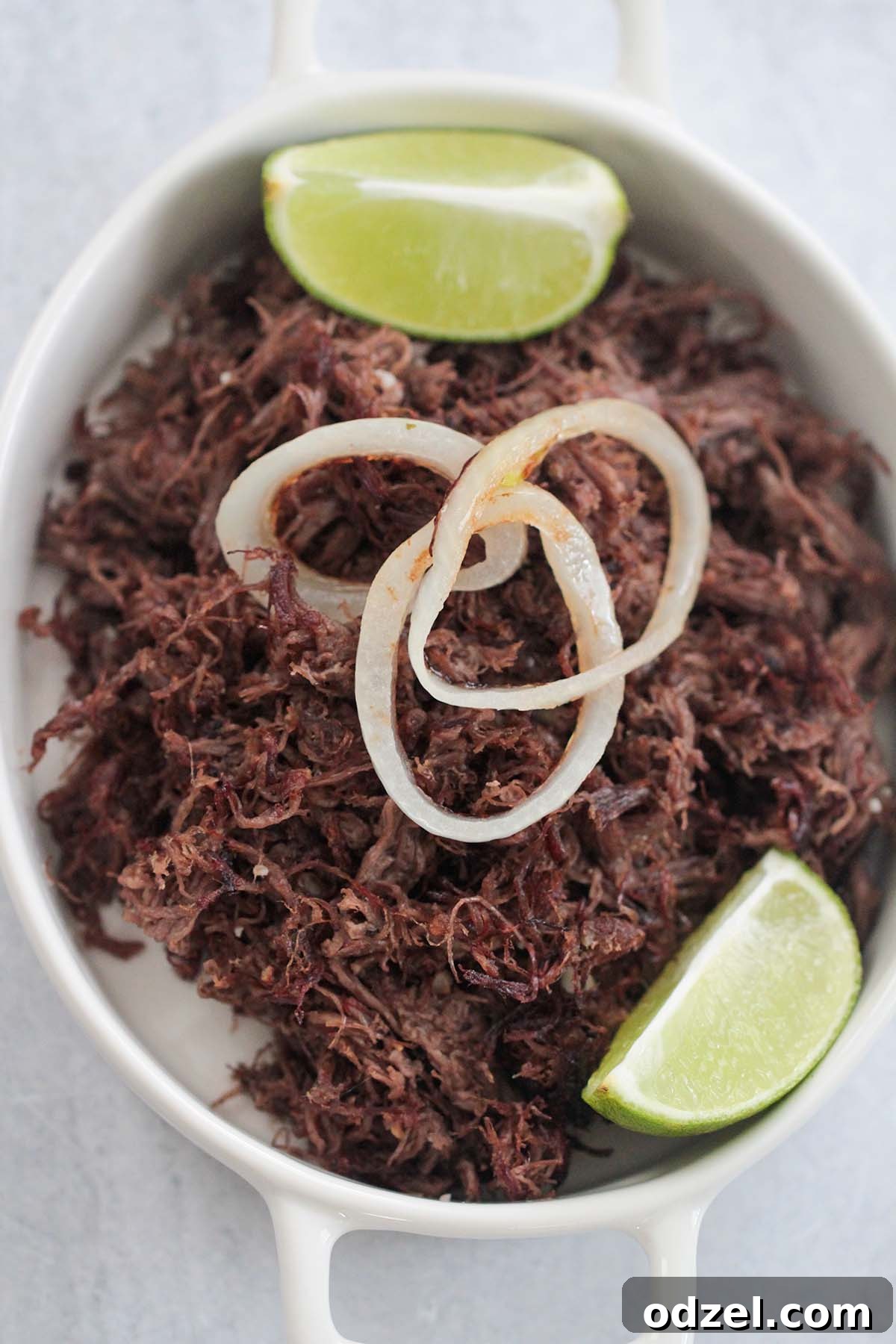 Golden Crispy Shredded Beef 2 Vaca Frita served with grilled onions and fresh lime wedges, showcasing its crispy texture.