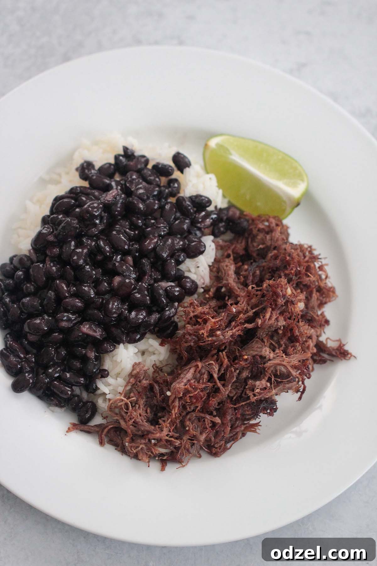 Golden Crispy Shredded Beef 6 A complete Vaca Frita meal with white rice, black beans, and a lime wedge on a white plate.