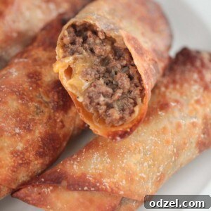 Crispy air fryer cheeseburger egg rolls ready to eat.