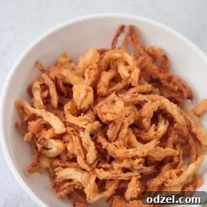 French fried onions in a white bowl.