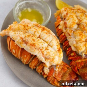 Two broiled lobster tails with melted butter on the side, ready to be enjoyed.
