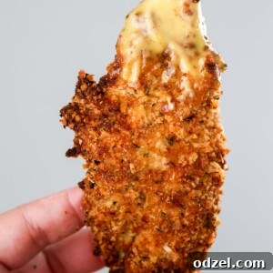 hand held air fryer chicken tender with honey mustard.