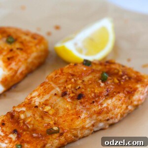 baked spicy honey halibut up close.