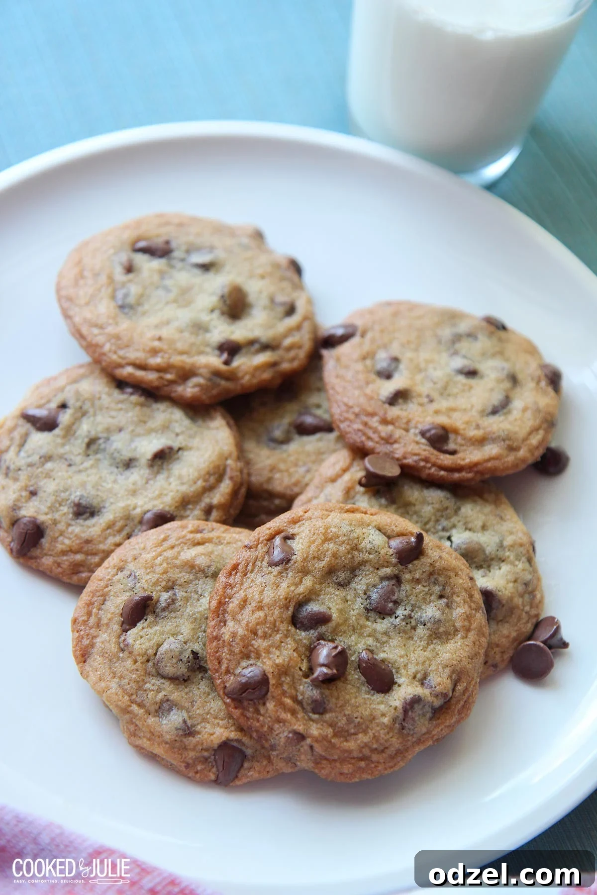 Ultimate Chocolate Chip Indulgence 2 Irresistible chocolate chip cookies perfectly arranged on a white plate, accompanied by a refreshing glass of milk, highlighting their golden-brown edges and gooey chocolate.