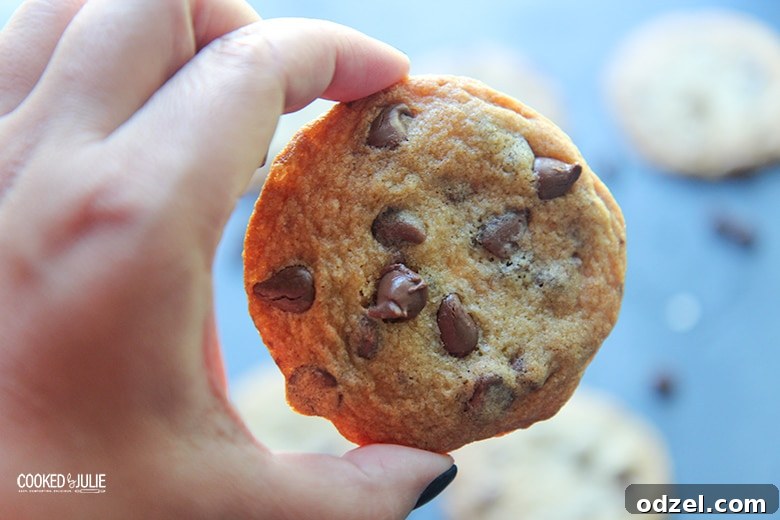 Ultimate Chocolate Chip Indulgence 8 A close-up shot of a hand gently holding a warm, freshly baked chocolate chip cookie, highlighting its irresistible texture and melted chocolate.