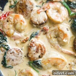 Tuscan shrimp and scallops up close.