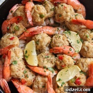 crab stuffed shrimp in a cast iron skillet with lemon wedges and parsley