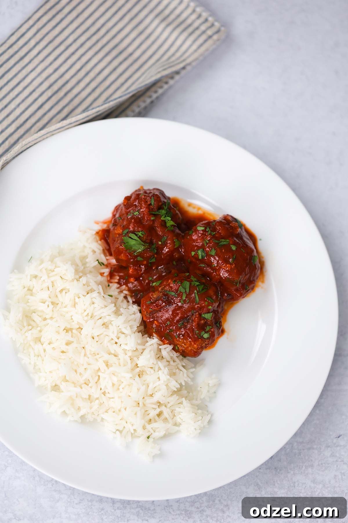 Authentic Cuban Meatballs 2 Albondigas with white rice on a white plate, showcasing the rich tomato sauce.