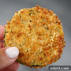 Close-up of a hand holding an air fryer zucchini chip, highlighting its golden crispness.