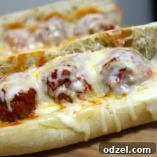 Delicious Meatball Parmesan Sandwich, a close-up.