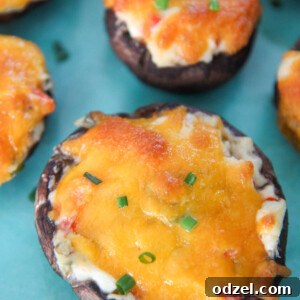 Stuffed mushrooms garnished with fresh green chives, served on a blue plate.
