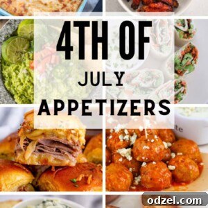 A collage of 4th of July appetizers including sliders, dips, and chicken wings.