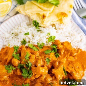 butter chicken with rice and naan on the side.