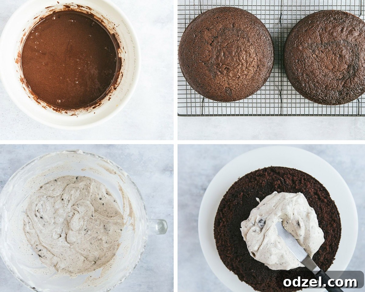 A visual guide showing four stages of cake preparation: chocolate cake batter in a mixing bowl, two baked chocolate cake layers cooling, creamy Oreo frosting in a bowl, and a cake being frosted with a spatula.
