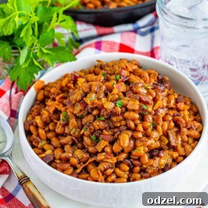 A bowl of baked beans with bacon on top.