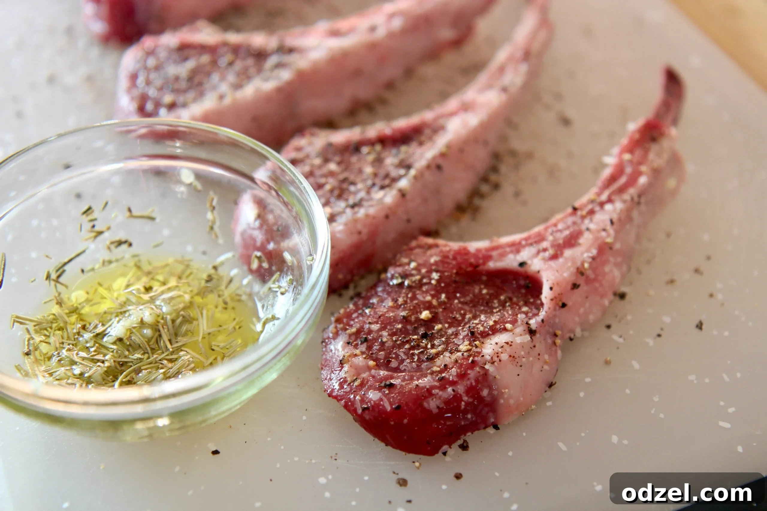 Aromatic Rosemary Garlic Lamb Chops 3 Raw lamb chops seasoned with fresh rosemary, minced garlic, salt, and black pepper, ready to be cooked