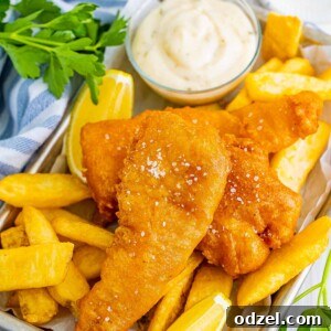 Crispy beer-battered cod fish with golden chips, fresh lemon wedges, a sprinkle of salt, and a side of creamy tartar sauce, ready to be enjoyed.