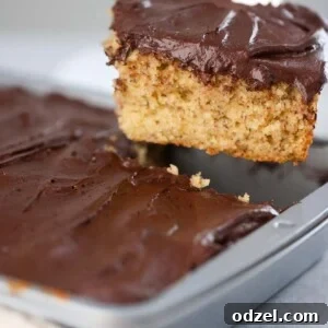 A slice of banana cake with chocolate frosting.