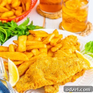 Two Southern fried catfish fillets with fries on a plate and lemon wedges on the side.