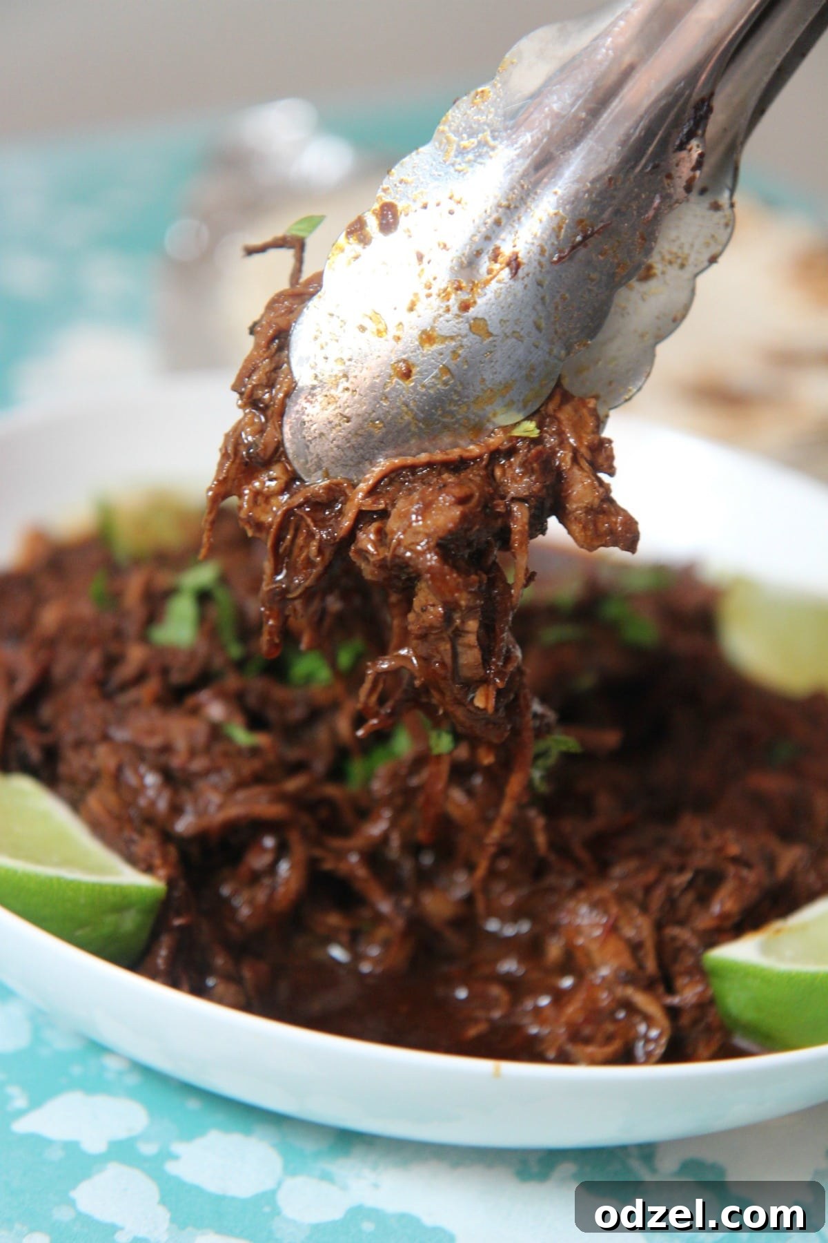 Melt-in-Your-Mouth Barbacoa 3 Close-up view of perfectly shredded Barbacoa Beef in its rich sauce