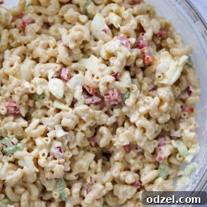 macaroni salad in a large glass bowl.