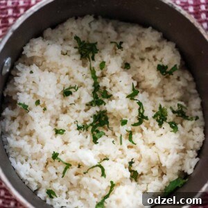 coconut rice in a saucepan with cilantro on top.